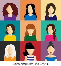 People icons set in flat style with faces. Vector avatars with women character