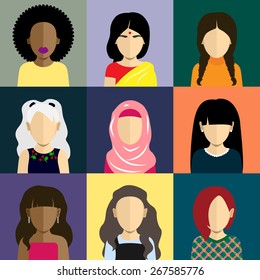 People icons set in flat style with faces. Vector avatars with women character
