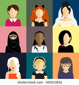 People icons set in flat style with faces of women and girls