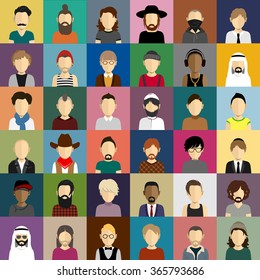 People icons set in flat style with faces of men and boys