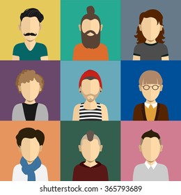 People icons set in flat style with faces of men and boys