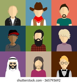 People icons set in flat style with faces of men and boys