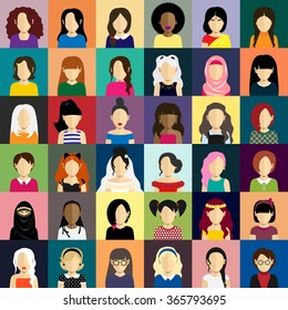 People icons set in flat style with faces of women ang girls