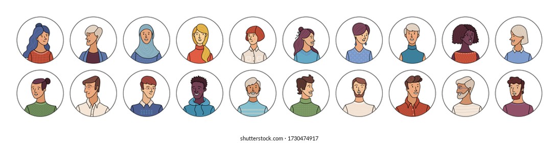 People icons set. Flat vector faces of diverse nationalities in circles. Blonde, brunette, red, and grey hair. Young, adult, and aged men and women. Vector cartoon avatars for account, game, or forum