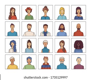 People icons set. Flat vector faces of diverse nationalities in circles. Blonde, brunette, red, and grey hair. Young, adult, and aged men and women. Vector cartoon avatars for account, game, or forum