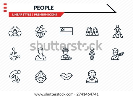 people icons set - grace, ecosystem, handicapped, vietnamese, small boy outline vector collection.