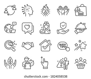 People icons set. Included icon as Artificial intelligence, Restaurant food, Heart flame signs. Insurance hand, Buyers, Heart symbols. Nurse, User communication, Quick tips. Wash hands. Vector