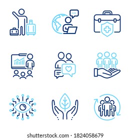 People icons set. Included icon as Best buyers, Teamwork, Dating chat signs. Medical insurance, Presentation, Artificial intelligence symbols. Fair trade, Airport transfer line icons. Vector