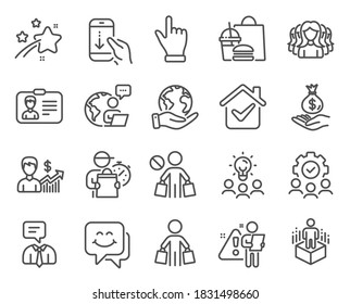 People icons set. Included icon as Click hand, Teamwork, Smile face signs. Scroll down, Business idea, Business growth symbols. Buyer, Women group, Income money. Identification card. Vector