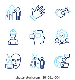 People icons set. Included icon as Creative idea, Foreman, Love message signs. Employee results, Hand, Face cream symbols. Messages, Teamwork line icons. Startup, Architect person. Vector