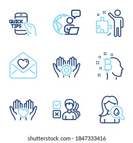 People icons set. Included icon as Hold heart, Strategy, Love letter signs. Bitcoin think, Opinion, Education symbols. Moisturizing cream, Employee hand line icons. Friendship, Business plan. Vector