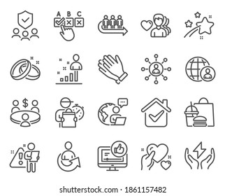 People icons set. Included icon as Stats, Safe energy, Hold heart signs. Networking, Security agency, Wedding rings symbols. Queue, Meeting, Clapping hands. International recruitment. Vector