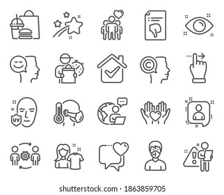People icons set. Included icon as Sick man, Good mood, Health eye signs. Clean shirt, Touchscreen gesture, Heart symbols. Uv protection, Medical mask, Developers chat. Friendship, Writer. Vector