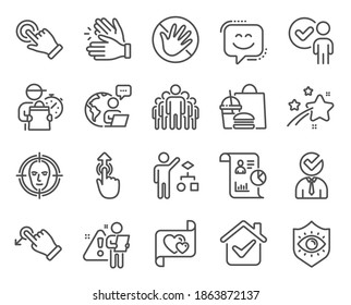 People icons set. Included icon as Smile face, Report, Algorithm signs. Love letter, Face detect, Do not touch symbols. Group, Touchscreen gesture, Drag drop. Eye protection, Swipe up. Vector