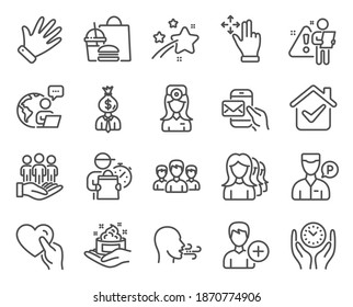 People icons set. Included icon as Oculist doctor, Best buyers, Valet servant signs. Group, Safe time, Manager symbols. Hand, Skin care, Messenger mail. Move gesture, Women headhunting. Vector