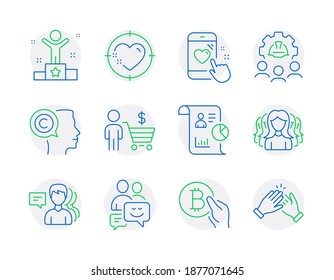 People icons set. Included icon as Report, Winner, Engineering team signs. Women group, Communication, People symbols. Writer, Bitcoin pay, Buyer. Heart target, Heart rating line icons. Vector