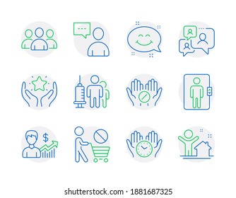 People icons set. Included icon as Medical tablet, Stop shopping, Business growth signs. Users chat, Smile chat, Medical vaccination symbols. Safe time, Group, Ranking. Elevator, New house. Vector