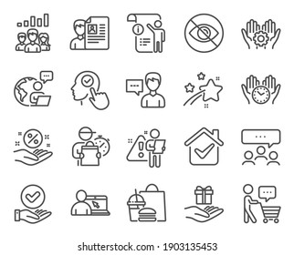 People icons set. Included icon as Buyer think, Loan percent, Safe time signs. Select user, Job interview, Manual doc symbols. Meeting, Approved checkbox, Loyalty program. Person talk. Vector