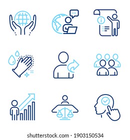 People Icons Set. Included Icon As Group, Organic Tested, Refer Friend Signs. Court Judge, Select User, Manual Doc Symbols. Washing Hands, Employee Result Line Icons. Developers, Safe Nature. Vector