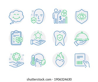 People Icons Set. Included Icon As Dental Insurance, Eye Checklist, Smile Signs. Uv Protection, Loyalty Program, Heart Flame Symbols. Eye Protection, Sick Man, Restaurant Food Line Icons. Vector