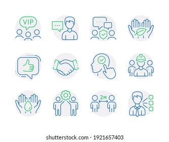People icons set. Included icon as Vip clients, Like, Employees teamwork signs. Safe water, Social distancing, Security agency symbols. Handshake, Select user, Fair trade. Person talk. Vector