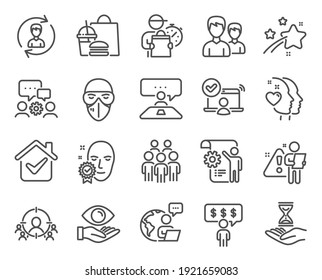 People Icons Set. Included Icon As Couple, Heart, Settings Blueprint Signs. Human Resources, Face Verified, Online Access Symbols. Interview Job, Time Hourglass, Health Eye. Group People. Vector