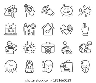 People icons set. Included icon as Yummy smile, Sick man, Touchscreen gesture signs. Meeting time, Medical insurance, Hold heart symbols. Click hand, Like hand, Thoughts. Disability. Vector