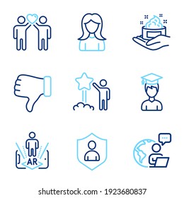 People Icons Set. Included Icon As Friends Couple, Dislike Hand, Skin Care Signs. Star, Augmented Reality, Student Symbols. Security, Woman Line Icons. Friendship, Thumbs Down. Line Icons Set. Vector