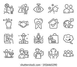 People Icons Set. Included Icon As Eye Laser, Handshake, Augmented Reality Signs. Winner, Couple, Winner Cup Symbols. Dental Insurance, Bitcoin Pay, Hold T-shirt. Touchscreen Gesture. Vector