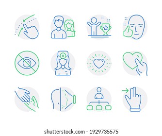 People icons set. Included icon as Management, Not looking, Helping hand signs. Oculist doctor, Couple, Hold heart symbols. Swipe up, Face id, Heart. Winner cup, Healthy face line icons. Vector