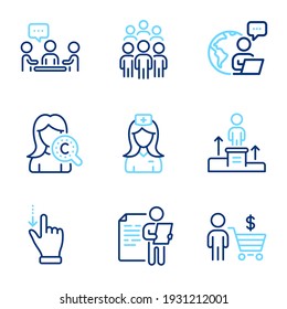 People Icons Set. Included Icon As Touchscreen Gesture, Collagen Skin, Job Interview Signs. Buyer, Business Podium, Group People Symbols. Hospital Nurse, People Chatting Line Icons. Vector