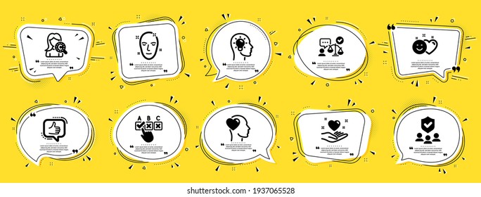 People icons set. Included icon as Smile, Hold heart, Security agency signs. Idea head, Friend, Like symbols. Vector