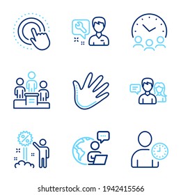 People icons set. Included icon as Business podium, Meeting time, Click hand signs. Time management, People talking, Discount symbols. Repairman, Hand line icons. Line icons set. Vector