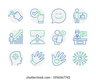 People Icons Set. Included Icon As Smile Chat, Checkbox, Social Responsibility Signs. Interview Job, Hand, Employee Result Symbols. Exhibitors, Like, Recruitment. Drag Drop Line Icons. Vector