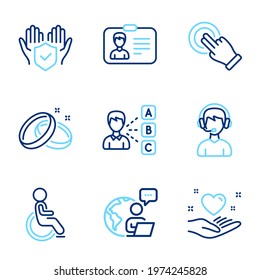 People icons set. Included icon as Disabled, Hold heart, Wedding rings signs. Consultant, Touchscreen gesture, Opinion symbols. Insurance hand, Identification card line icons. Line icons set. Vector