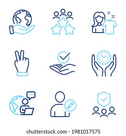 People icons set. Included icon as Clean shirt, Safe time, Victory hand signs. Approved, Security agency, Business meeting symbols. Save planet, Edit user line icons. Line icons set. Vector