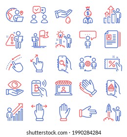 People icons set. Included icon as People voting, Leadership, Creative idea signs. Consulting business, Outsource work, Launch project symbols. Food app, Manager, Touchscreen gesture. Hand. Vector