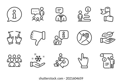 People icons set. Included icon as Delegate work, Freezing, Group signs. Dont touch, Move gesture, Lightweight symbols. Manual doc, Leadership, Click hand. People chatting, Dislike hand. Vector