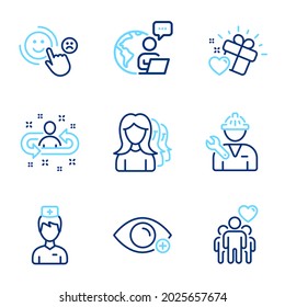 People icons set. Included icon as Doctor, Women headhunting, Friendship signs. Recruitment, Love gift, Farsightedness symbols. Customer satisfaction, Repairman line icons. Line icons set. Vector