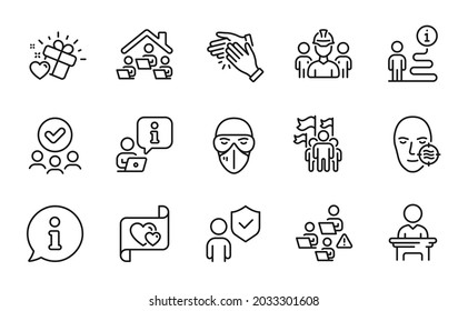 People icons set. Included icon as Love gift, Problem skin, Teamwork signs. Leadership, Security, Clapping hands symbols. Medical mask, Approved group, Love letter. Engineering team. Vector