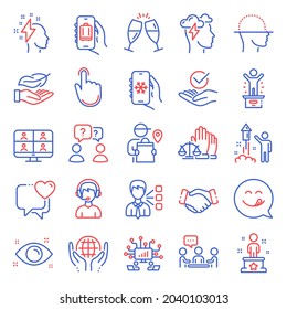 People icons set. Included icon as Baggage app, Video conference, Teamwork questions signs. Delivery man, Organic tested, Handshake symbols. Mindfulness stress, Yummy smile, Teamwork. Vector