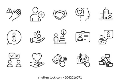 People icons set. Included icon as Augmented reality, Apartment insurance, Dont touch signs. People voting, Hold heart, Id card symbols. Romantic talk, Teamwork, Employees handshake. Vector