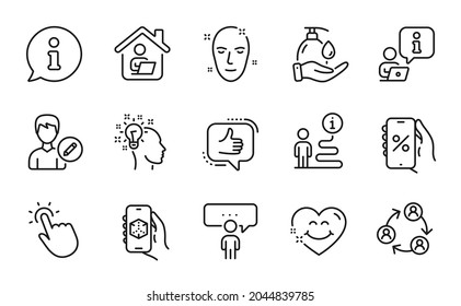 People icons set. Included icon as Work home, Health skin, Edit person signs. Smile face, Idea, Touchpoint symbols. Discounts app, Consulting business, Like. Teamwork, Wash hands, 3d app. Vector