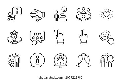 People Icons Set. Included Icon As Ranking Star, Click Hand, Champagne Glasses Signs. Donation Money, Search People, Meeting Symbols. Employee, Vip Table, Touchscreen Gesture. Heart. Vector