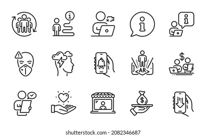 People Icons Set. Included Icon As Download App, Hold Heart, Loan Signs. Bell Alert, Mindfulness Stress, Teamwork Symbols. Medical Mask, Budget Accounting, Augmented Reality. Market Seller. Vector