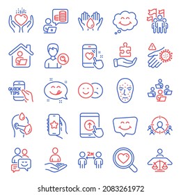 People icons set. Included icon as Wash hand, Sick man, Safe water signs. Smile, Favorite app, Face biometrics symbols. Work home, Recruitment, Yummy smile. Budget accounting, Court judge. Vector