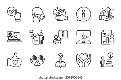 People icons set. Included icon as Settings blueprint, Hiring employees, Interview job signs. Medical mask, Wash hands, Like hand symbols. Checkbox, Medical help, Analysis graph. Vector