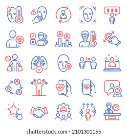 People icons set. Included icon as Dont touch, Thermometer, Ranking star signs. Engineering team, Health app, Employee benefits symbols. Problem skin, Stop shopping, Fever. Ab testing. Vector
