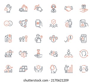 People icons set. Included icon as Like, Dont touch and Stress web elements. Court jury, Management, Loyalty program icons. Customer satisfaction, Mobile like, Video conference web signs. Vector