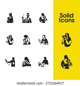 People icons set with journalist, paparazzi and cop elements. Set of people icons and drawing concept. Editable vector elements for logo app UI design.